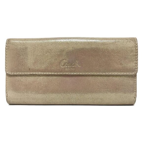 Auth COACH - Gray Beige Khaki Chemical Fiber Patent Leather Long Wallet - Picture 3 of 6